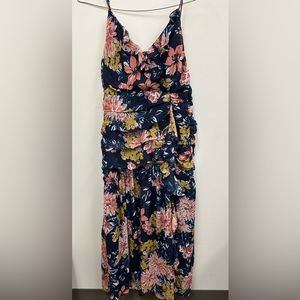 Lulus Stunning Soiree Navy Blue Floral Print Ruched Midi Dress NWT